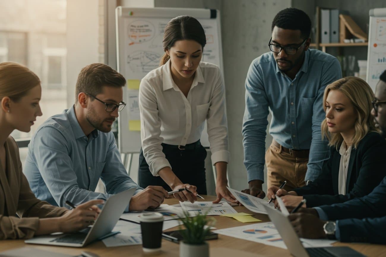 Project managers and coordinators working together in a meeting room.
